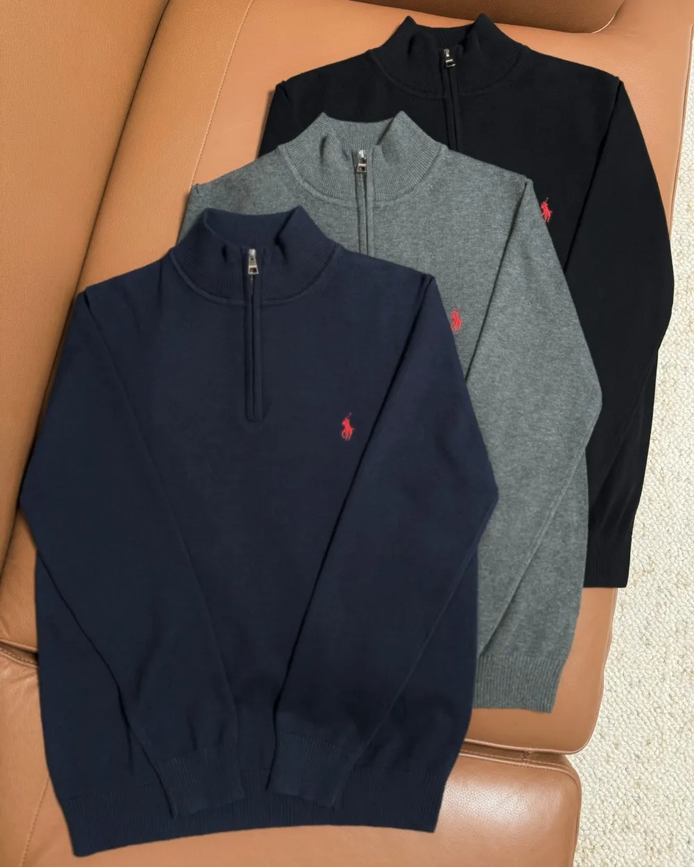 P210 M301#Ralph Lauren Pony Stand Collar Half-Zip Sweater Color: Black Royal Blue Gray Size: M-XXL